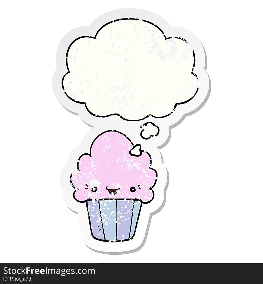 cartoon cupcake with face with thought bubble as a distressed worn sticker