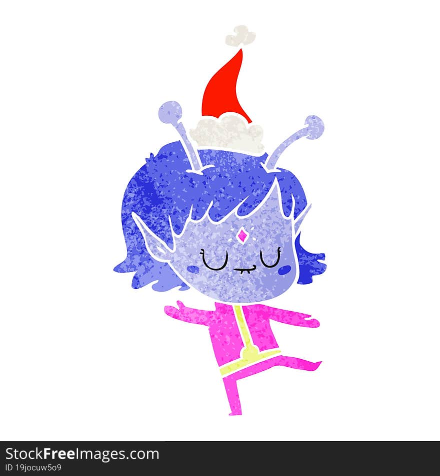 retro cartoon of a alien girl wearing santa hat