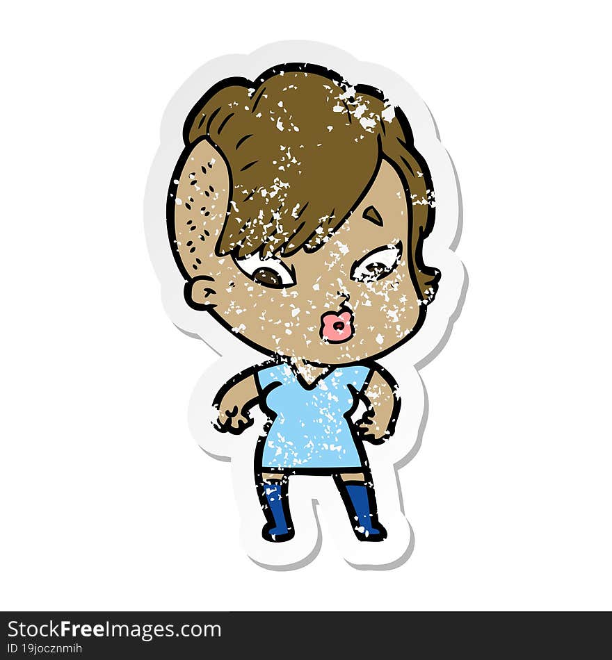 Distressed Sticker Of A Cartoon Surprised Girl