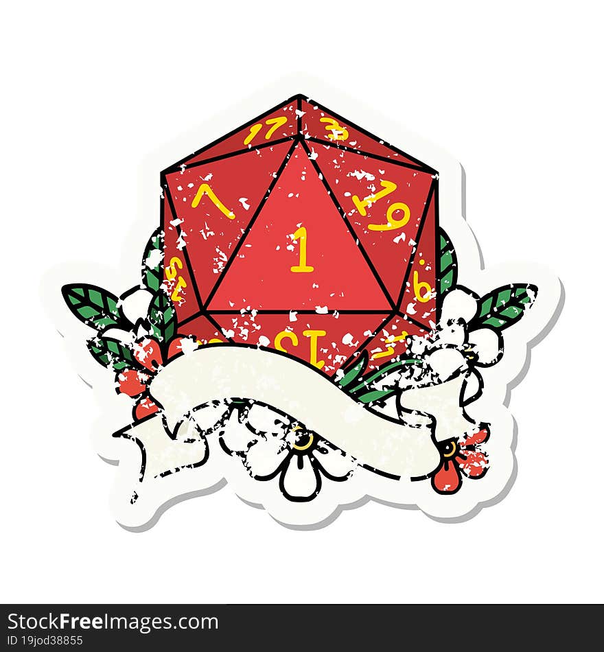 natural one d20 dice roll grunge sticker