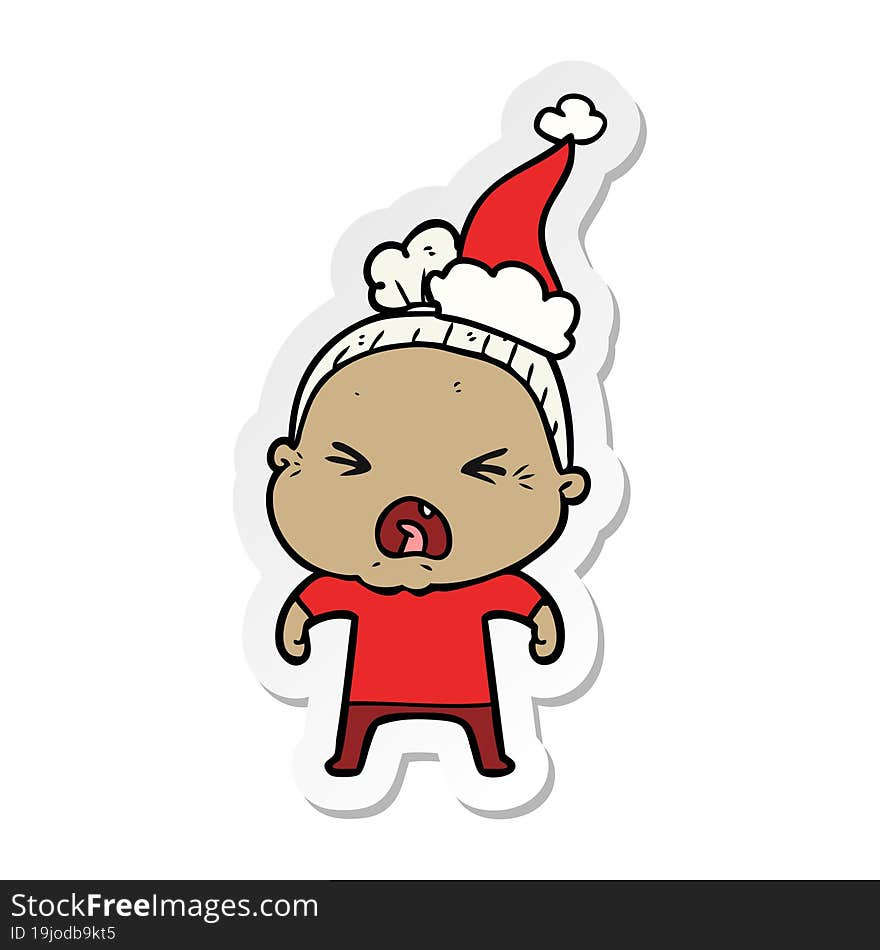 sticker cartoon of a angry old woman wearing santa hat