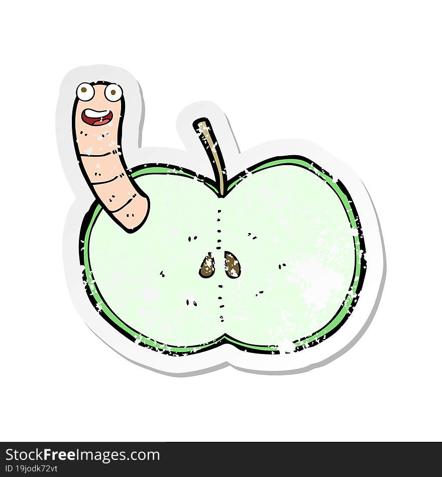 retro distressed sticker of a cartoon apple with worm