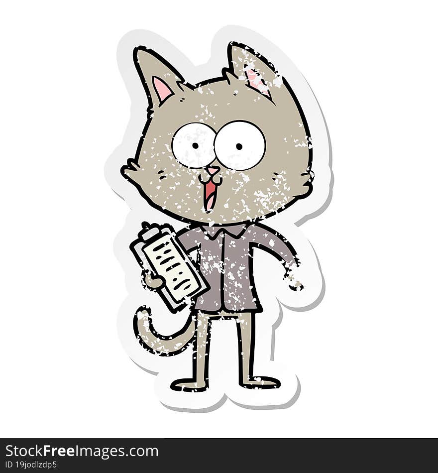 distressed sticker of a funny cartoon cat wearing shirt and tie