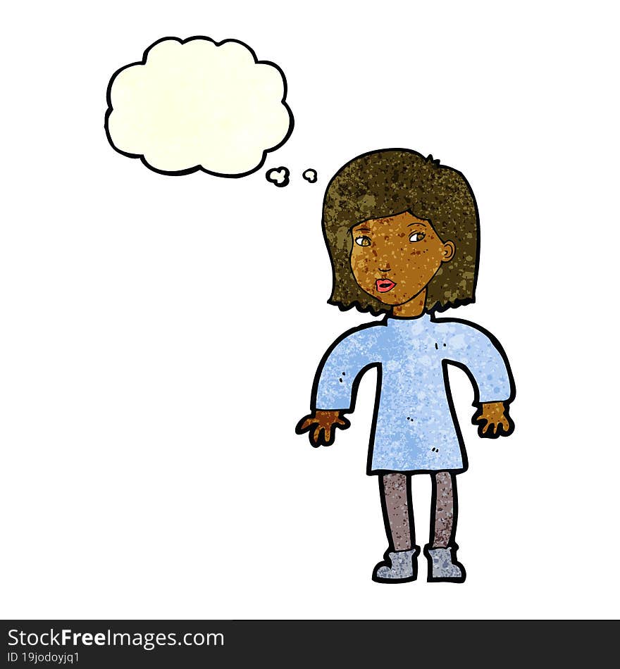 cartoon cautious woman with thought bubble