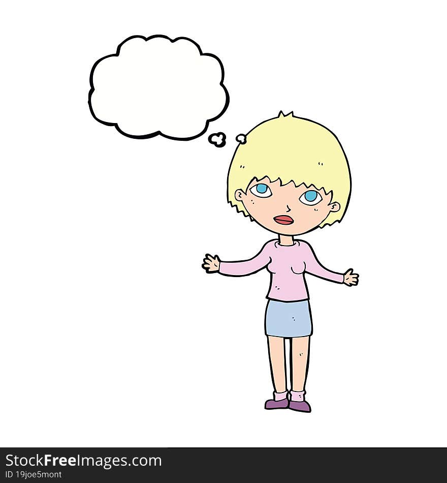 cartoon woman shrugging  with thought bubble