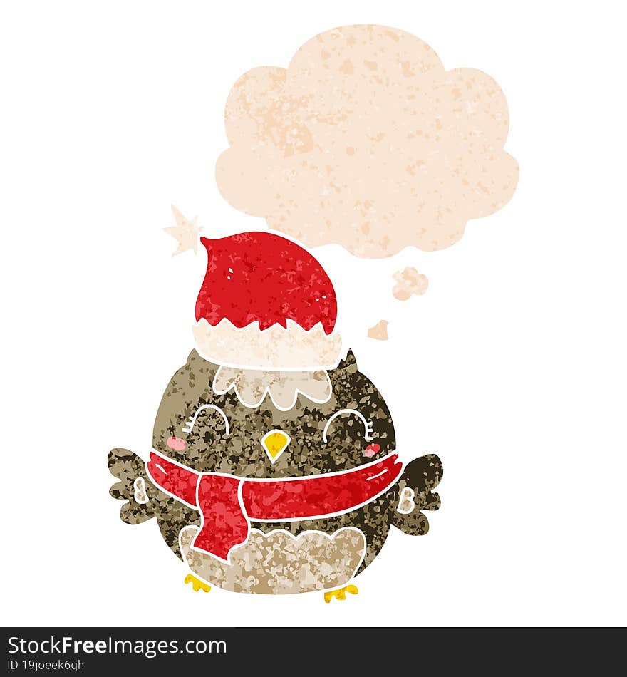 cute christmas owl and thought bubble in retro textured style