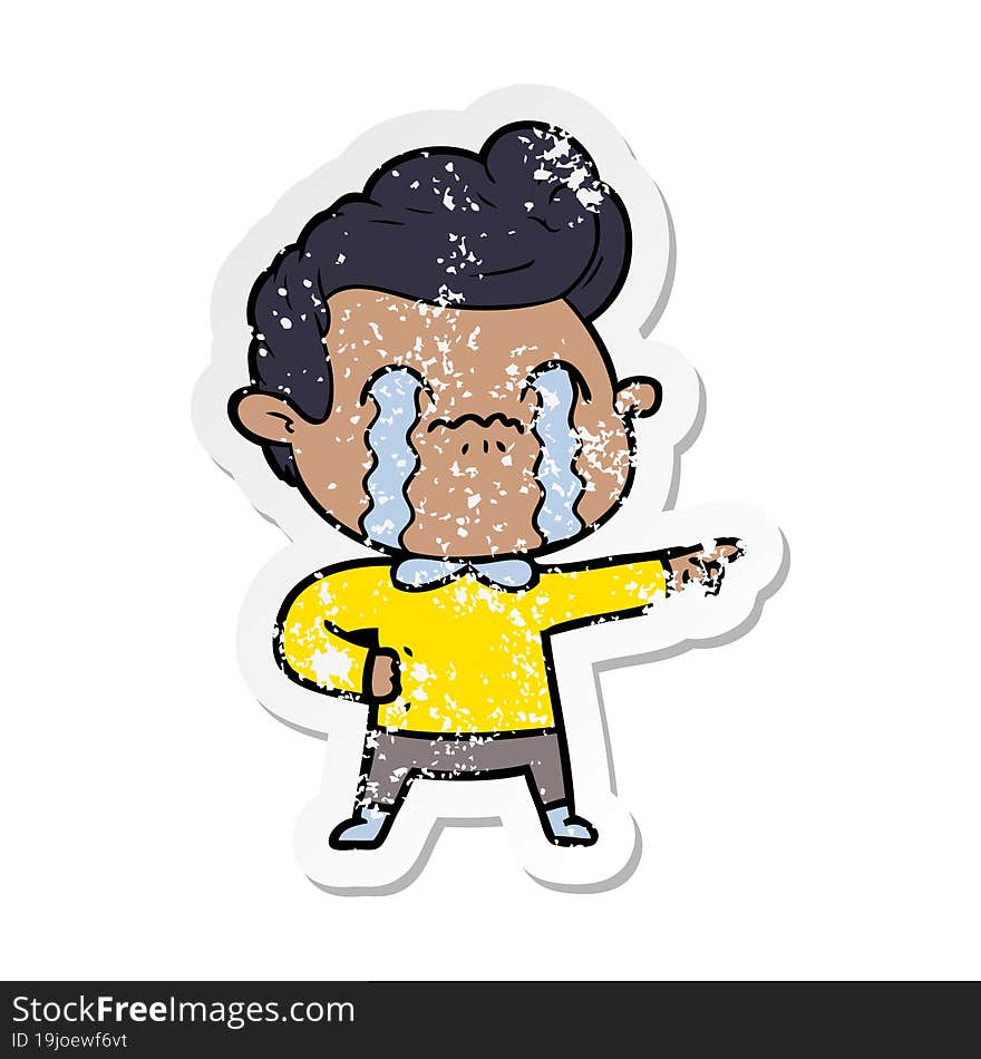 distressed sticker of a cartoon man crying