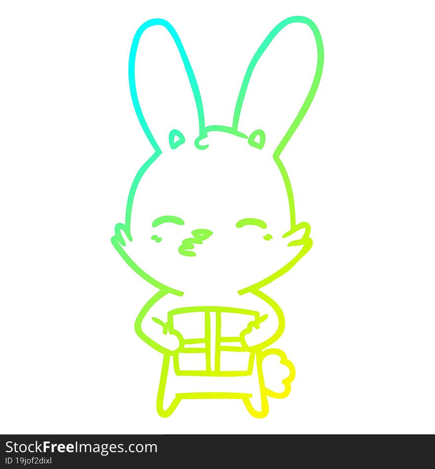 cold gradient line drawing curious bunny cartoon with present