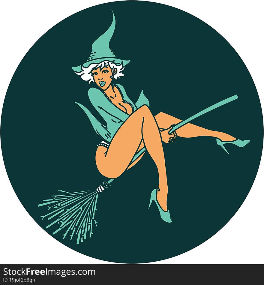 tattoo in traditional style of a pinup witch. tattoo in traditional style of a pinup witch