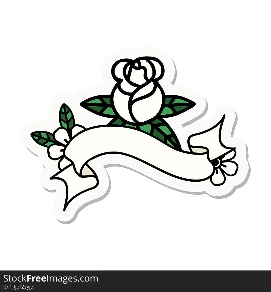 tattoo style sticker with banner of a single rose