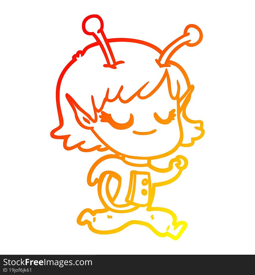 warm gradient line drawing smiling alien girl cartoon