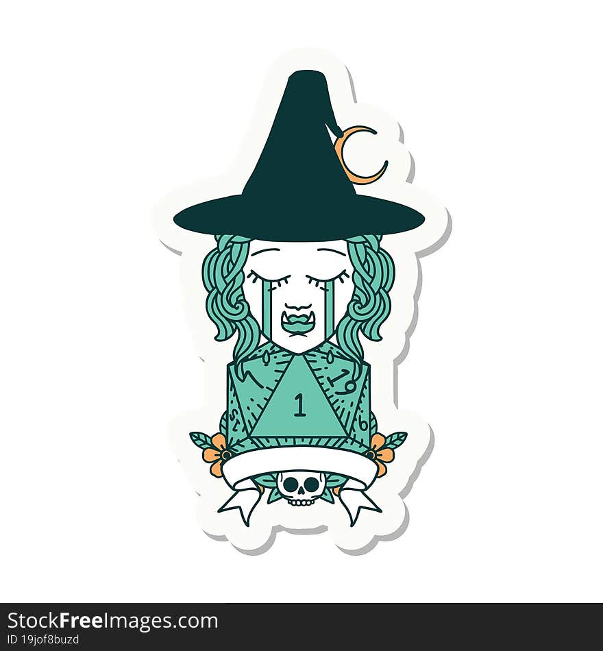 crying half orc witch character with natural one roll sticker