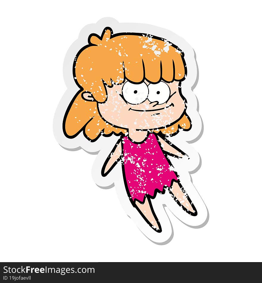 distressed sticker of a cartoon smiling woman