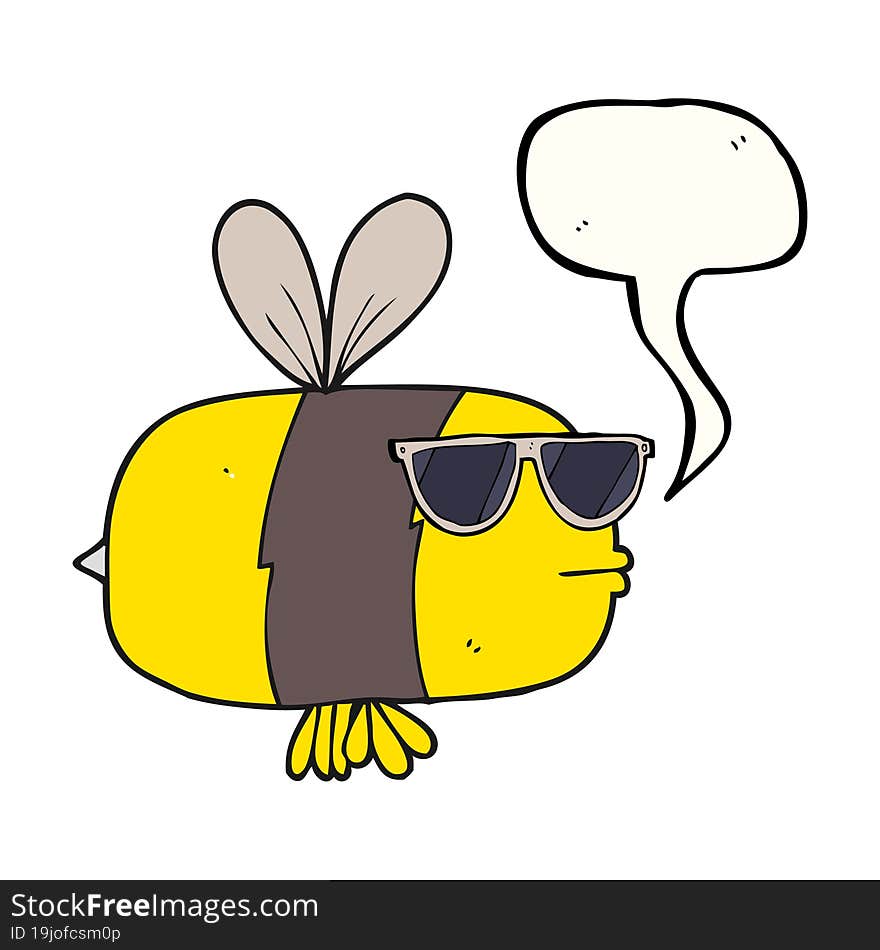 freehand drawn speech bubble cartoon bee wearing sunglasses