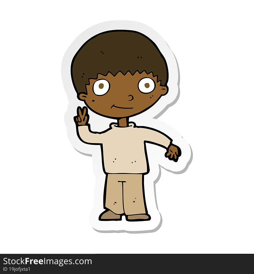 sticker of a cartoon boy giving peace sign