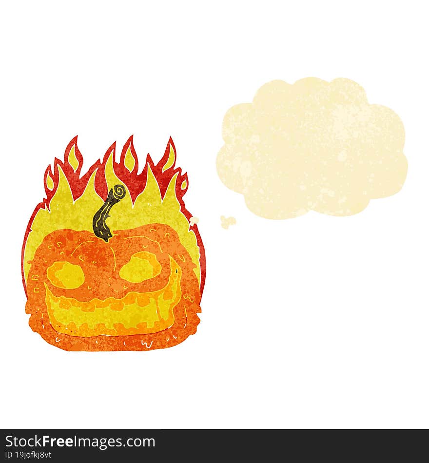 cartoon spooky pumpkin with thought bubble