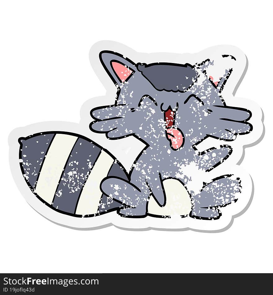 Distressed Sticker Of A Cute Cartoon Raccoon