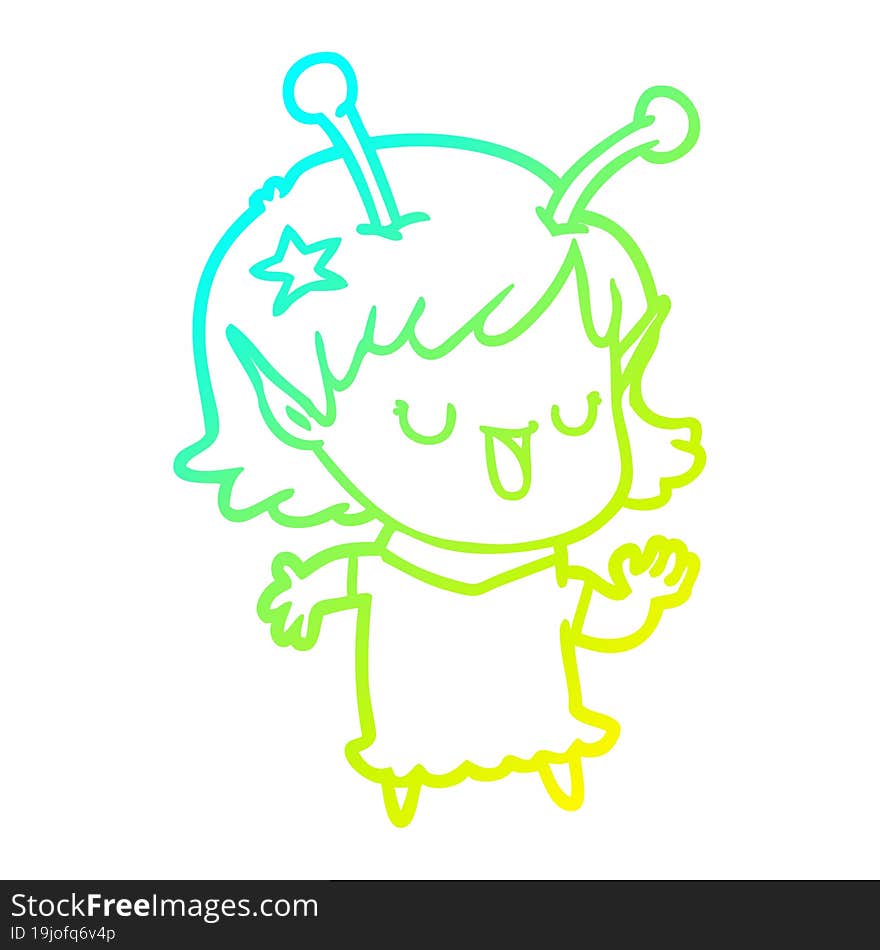 cold gradient line drawing of a happy alien girl cartoon