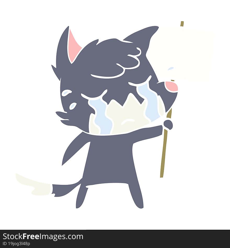 crying fox flat color style cartoon with placard