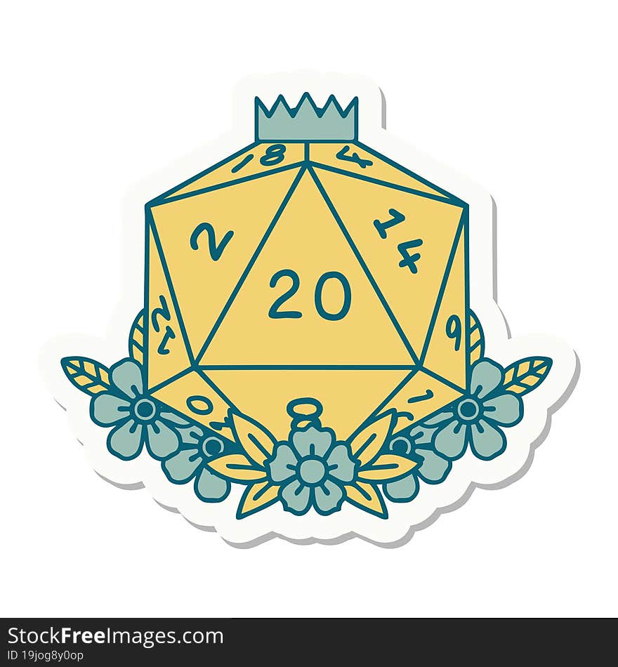 sticker of a natural 20 D20 dice roll with floral elements. sticker of a natural 20 D20 dice roll with floral elements