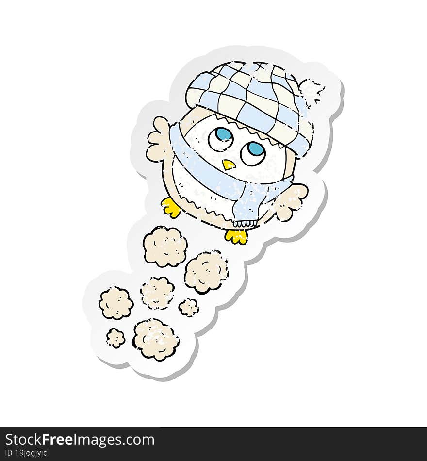 Retro Distressed Sticker Of A Cartoon Cute Little Owl Flying