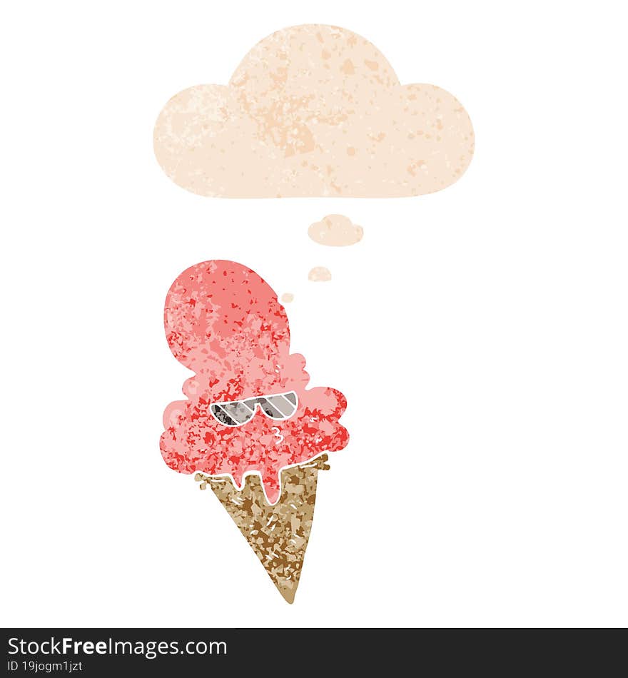 cartoon cool ice cream and thought bubble in retro textured style