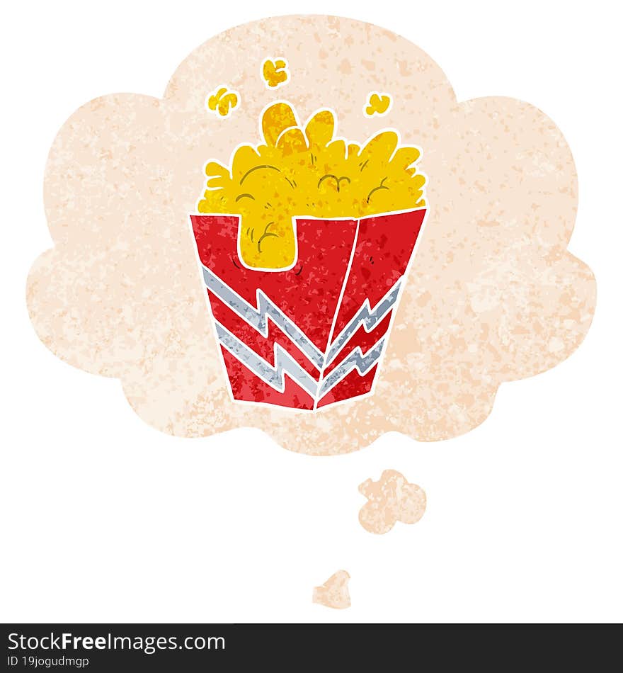 cartoon box of popcorn and thought bubble in retro textured style