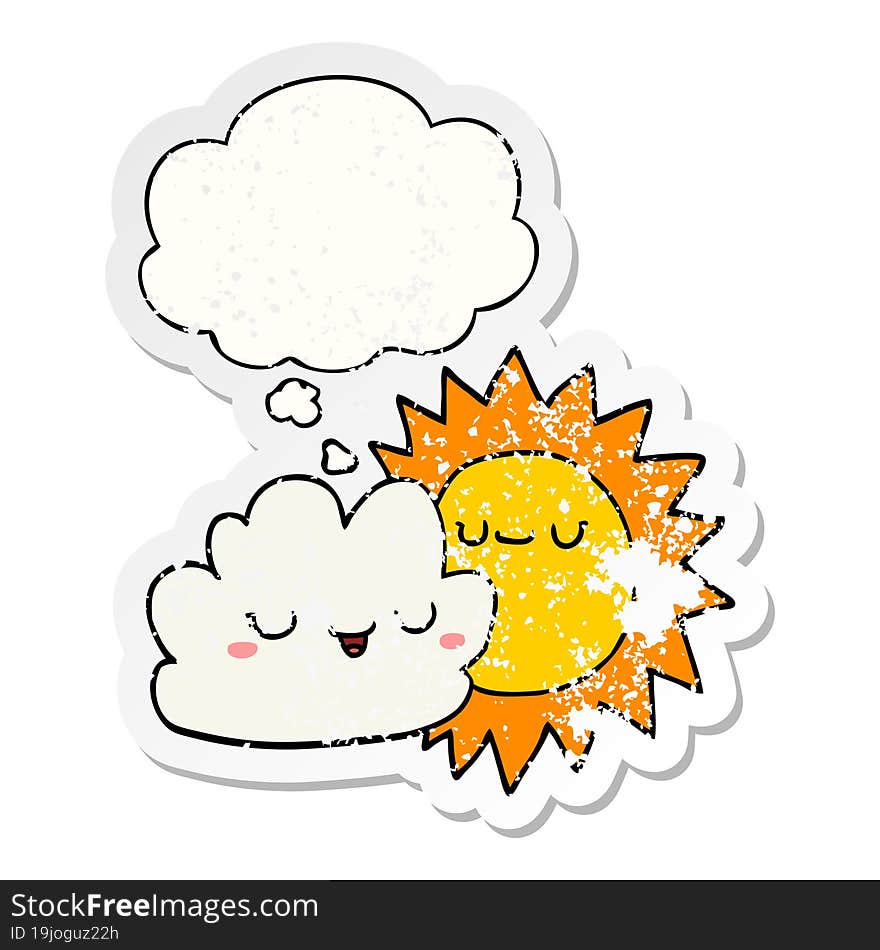 cartoon sun and cloud and thought bubble as a distressed worn sticker