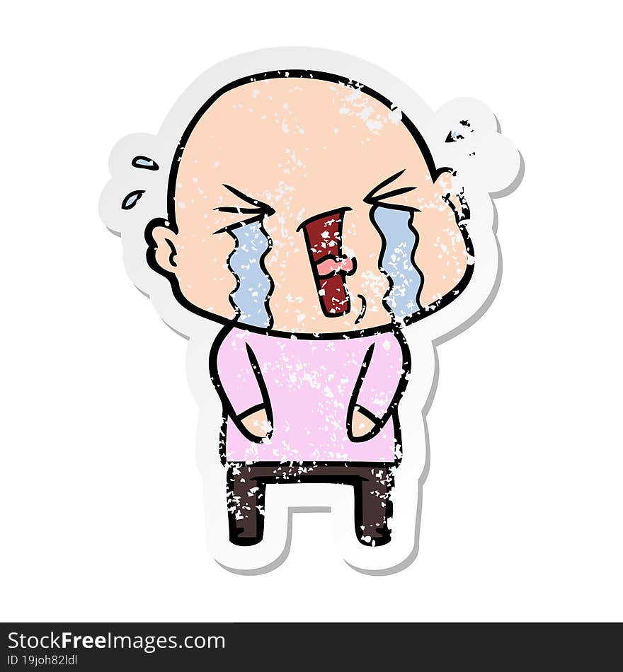 Distressed Sticker Of A Cartoon Crying Bald Man