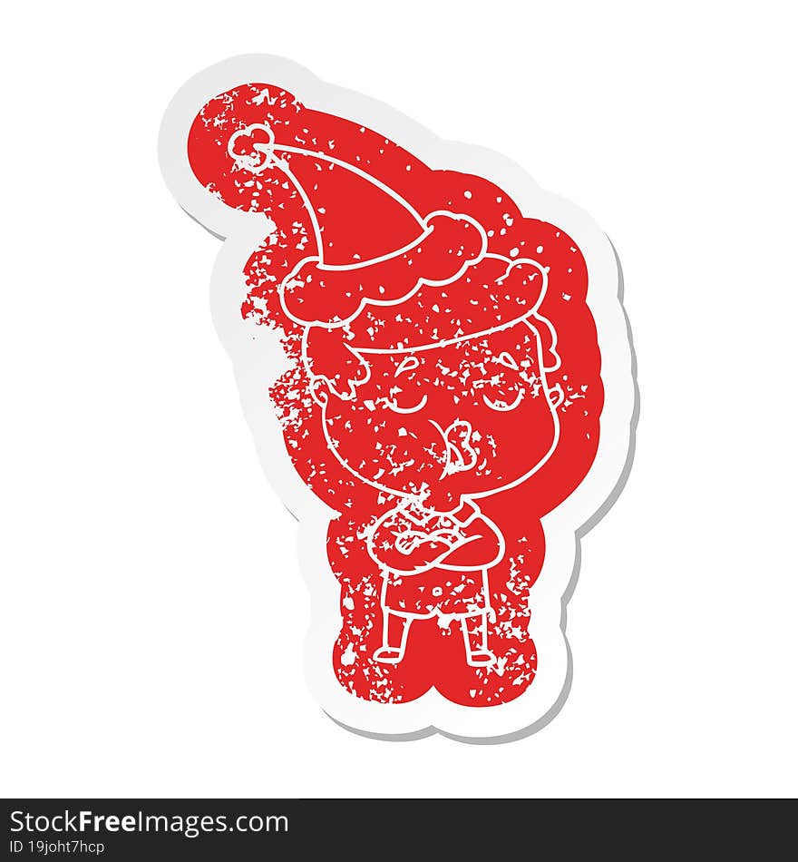 quirky cartoon distressed sticker of a man talking wearing santa hat