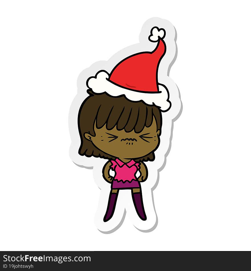 Annoyed Sticker Cartoon Of A Girl Wearing Santa Hat