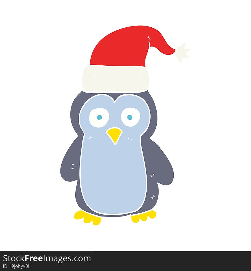 flat color illustration of a cartoon christmas penguin