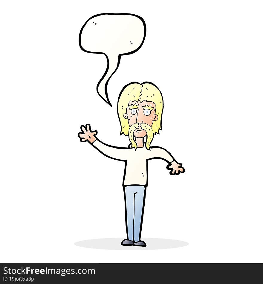 cartoon waving man with mustache with speech bubble