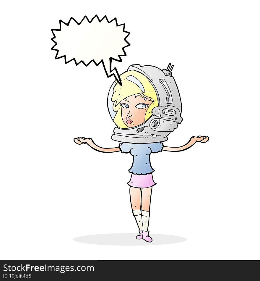 cartoon woman wearing space helmet with speech bubble