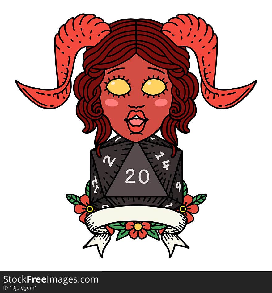 Retro Tattoo Style happy tiefling with natural 20. Retro Tattoo Style happy tiefling with natural 20