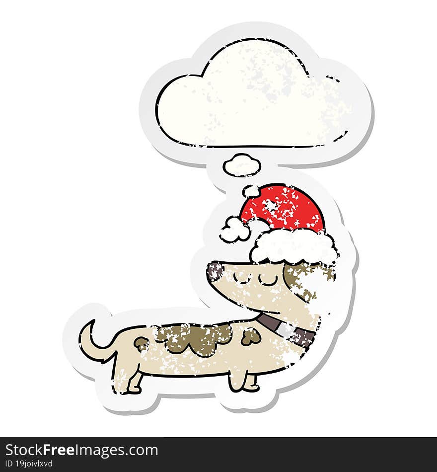 cartoon dog wearing christmas hat and thought bubble as a distressed worn sticker