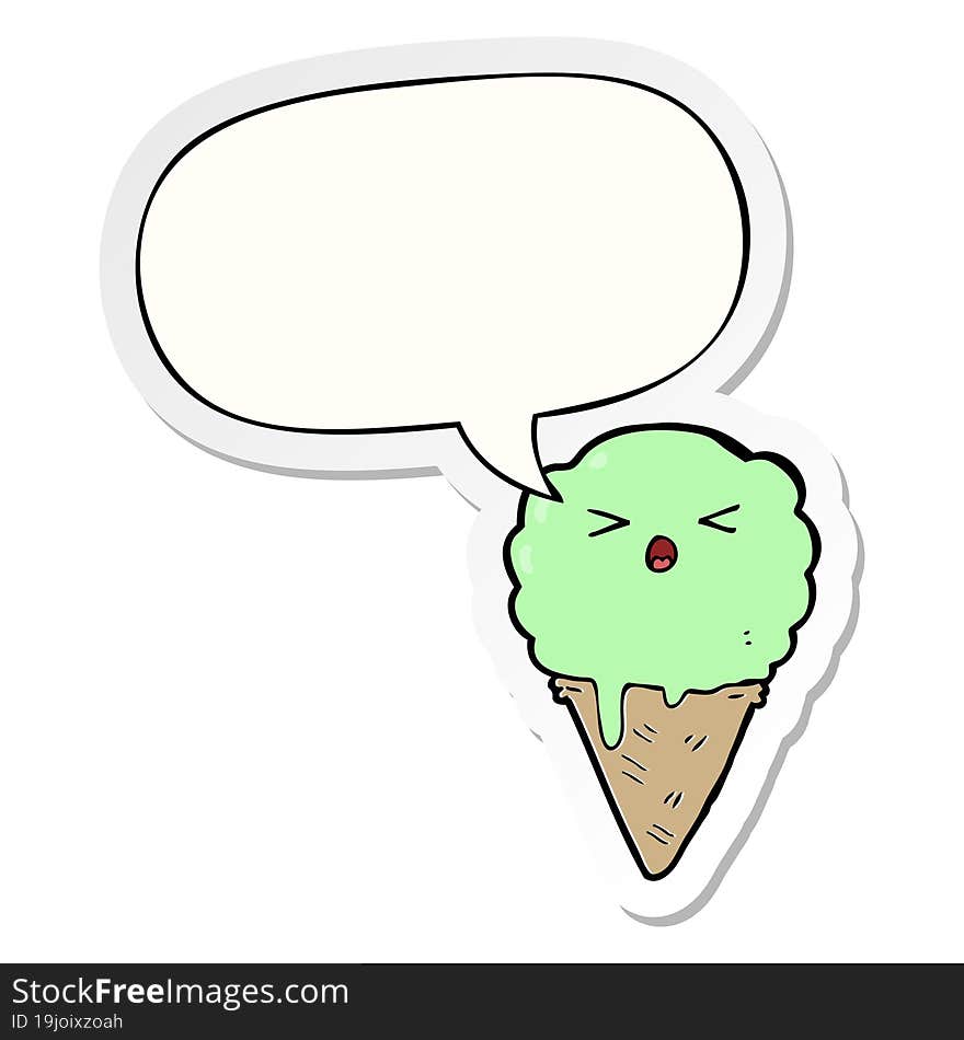 cartoon ice cream with speech bubble sticker. cartoon ice cream with speech bubble sticker