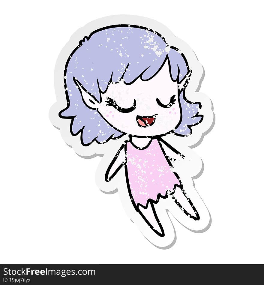 distressed sticker of a happy cartoon elf girl