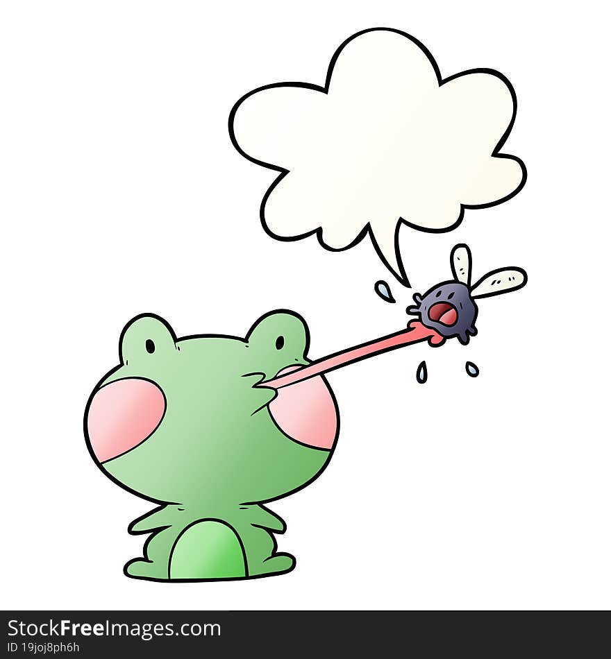 cute cartoon frog catching fly with tongue with speech bubble in smooth gradient style. cute cartoon frog catching fly with tongue with speech bubble in smooth gradient style