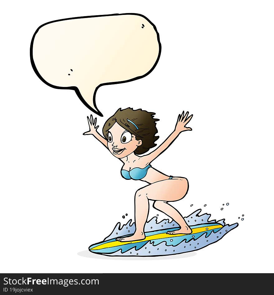 cartoon surfer girl with speech bubble