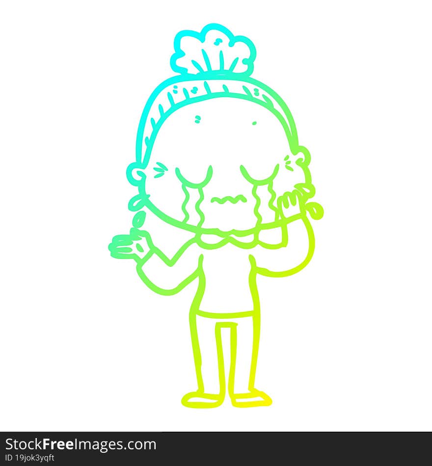 Cold Gradient Line Drawing Cartoon Crying Old Lady