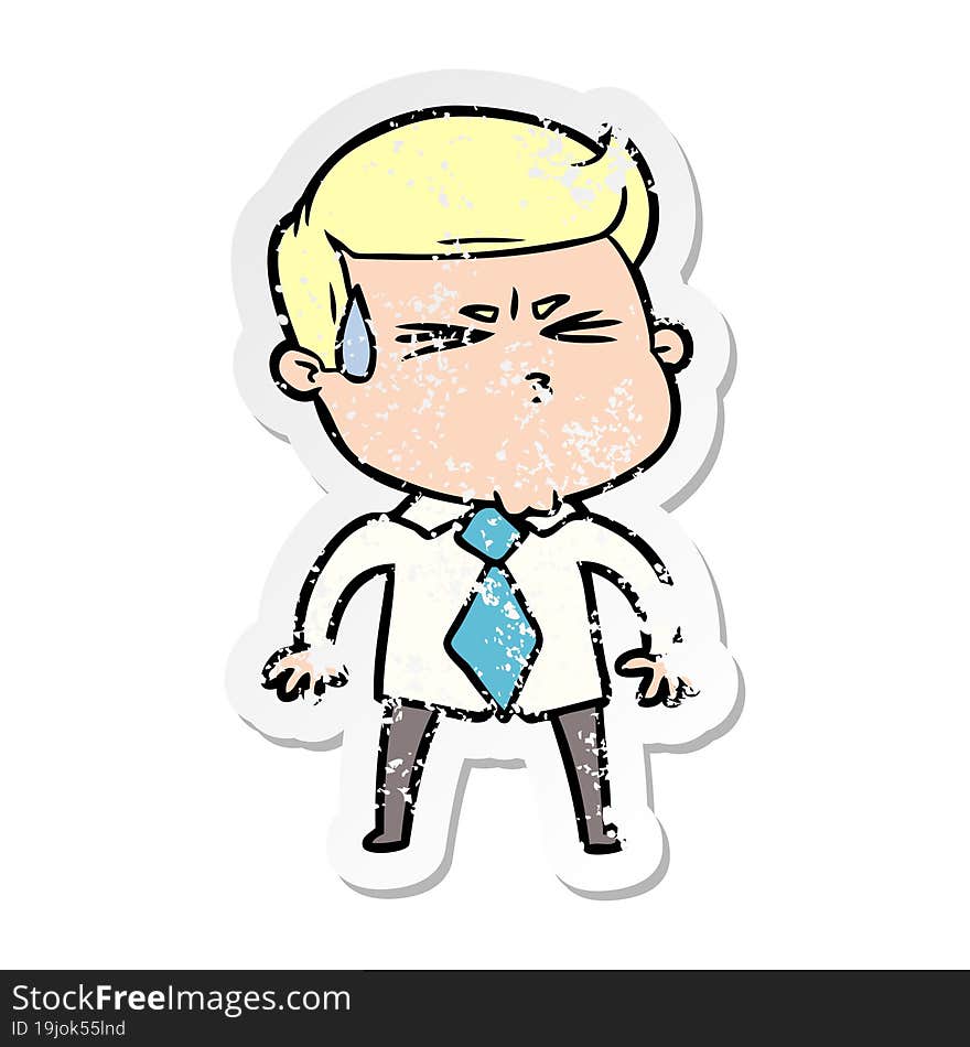 Distressed Sticker Of A Cartoon Man Sweating