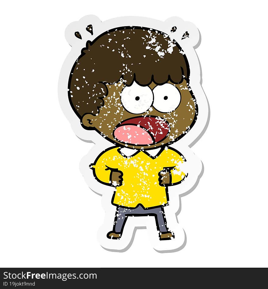 distressed sticker of a cartoon shocked man