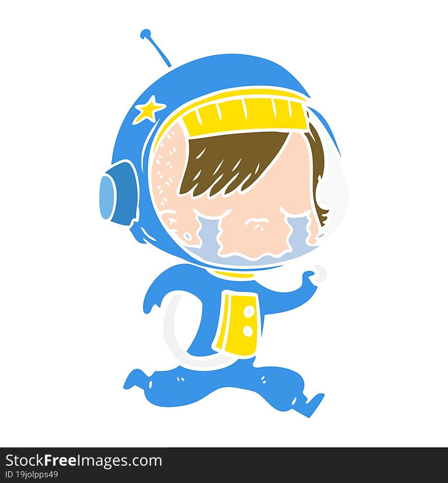 Flat Color Style Cartoon Crying Astronaut Girl Running