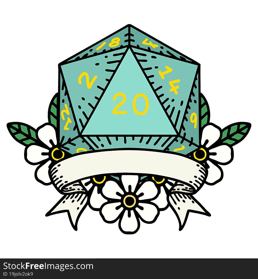 Retro Tattoo Style natural 20 critical hit D20 dice roll. Retro Tattoo Style natural 20 critical hit D20 dice roll