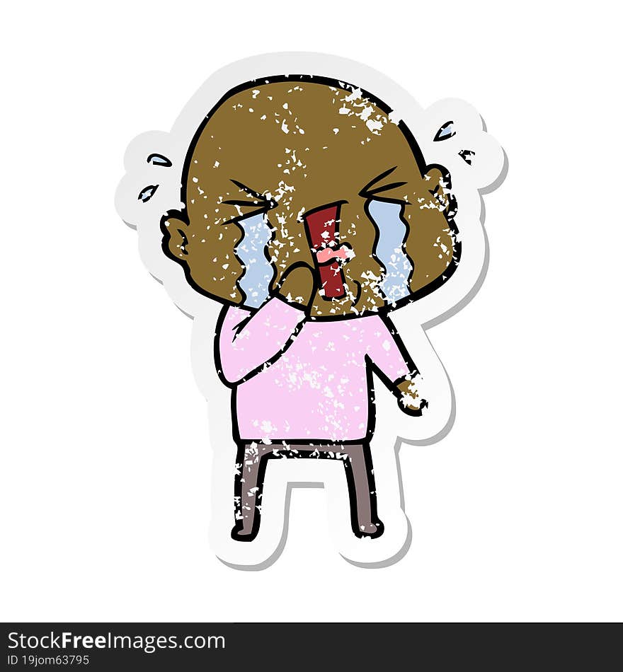 distressed sticker of a cartoon crying bald man