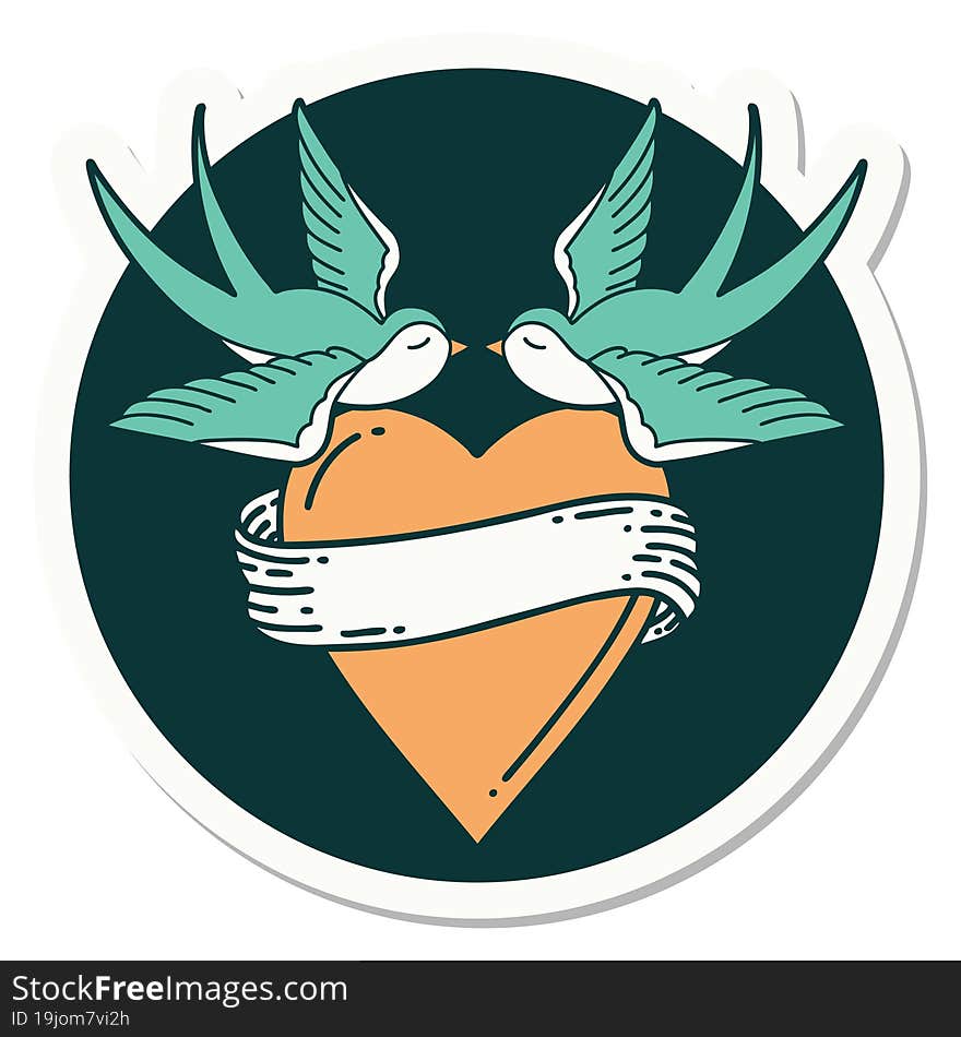 Tattoo Style Sticker Of A Swallows And A Heart With Banner