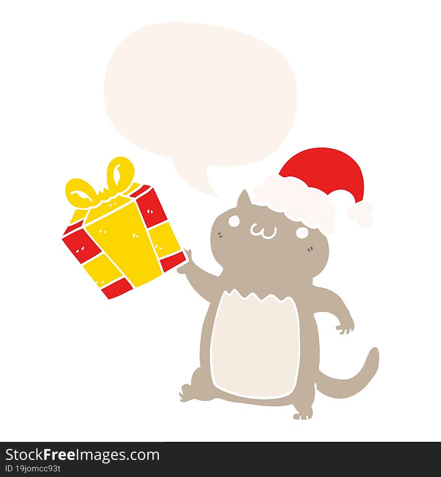 Cute Cartoon Christmas Cat And Speech Bubble In Retro Style