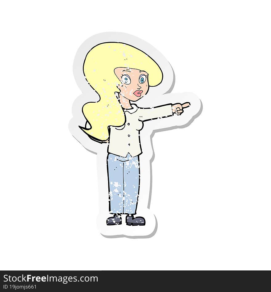 retro distressed sticker of a cartoon pretty woman pointing