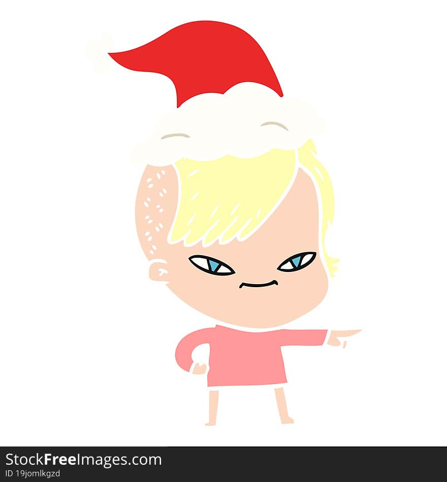 Cute Flat Color Illustration Of A Girl With Hipster Haircut Wearing Santa Hat